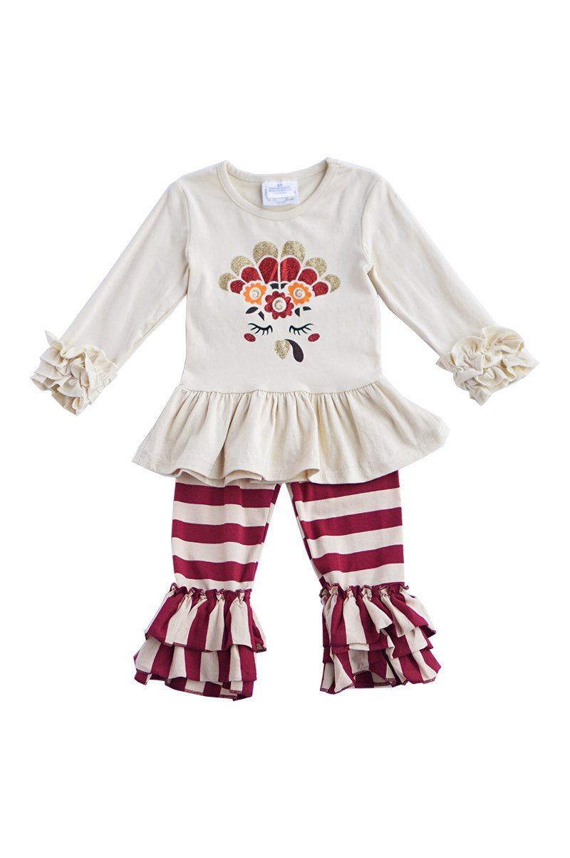 Little turkey top with maroon stripe pants set CXCKTZ-202899