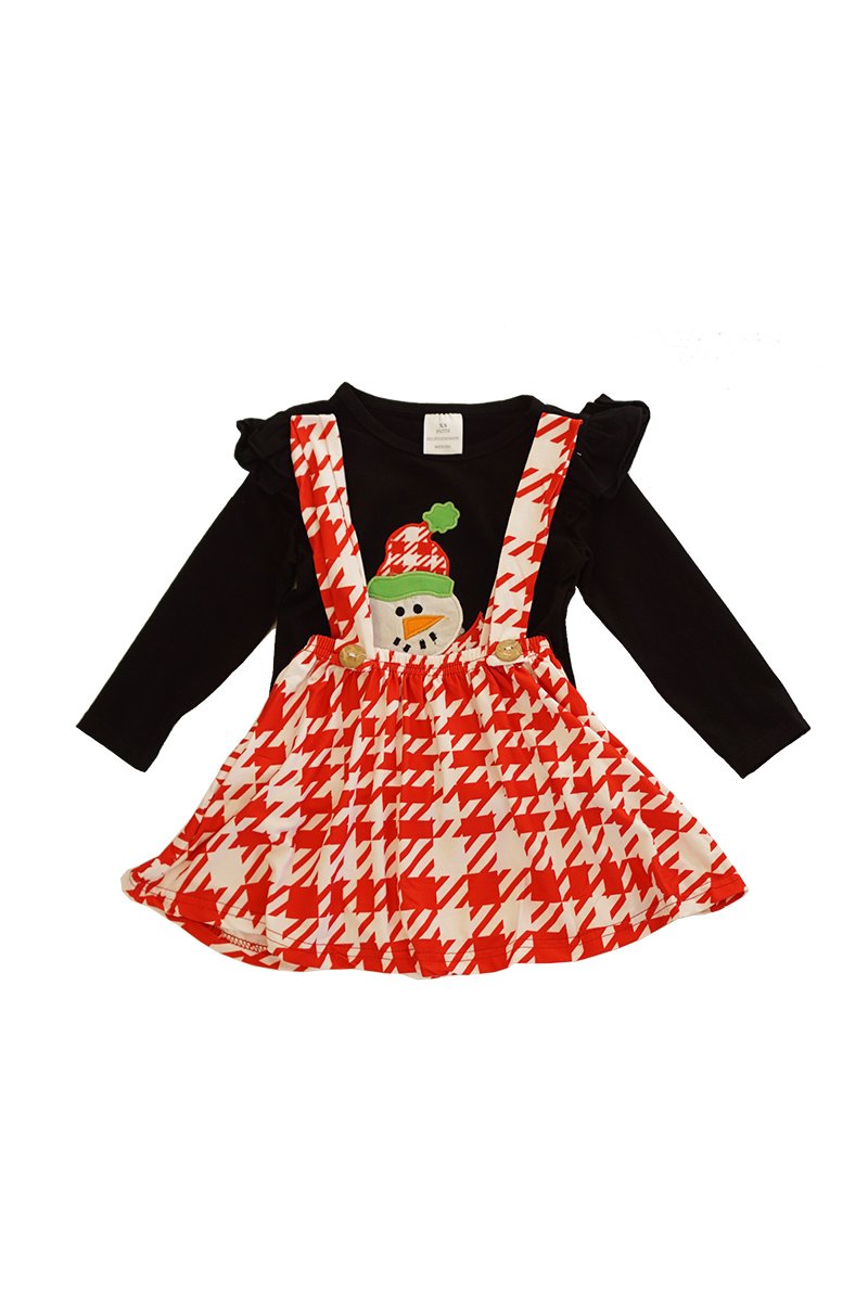 Black snowman top with red houndstooth suspender skirt set CXQTZ-400594 sale