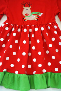 Red polkadot reindeer applique ruffle dress CXQ-540045