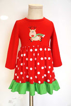 Load image into Gallery viewer, Red polkadot reindeer applique ruffle dress CXQ-540045
