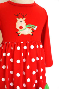 Red polkadot reindeer applique ruffle dress CXQ-540045