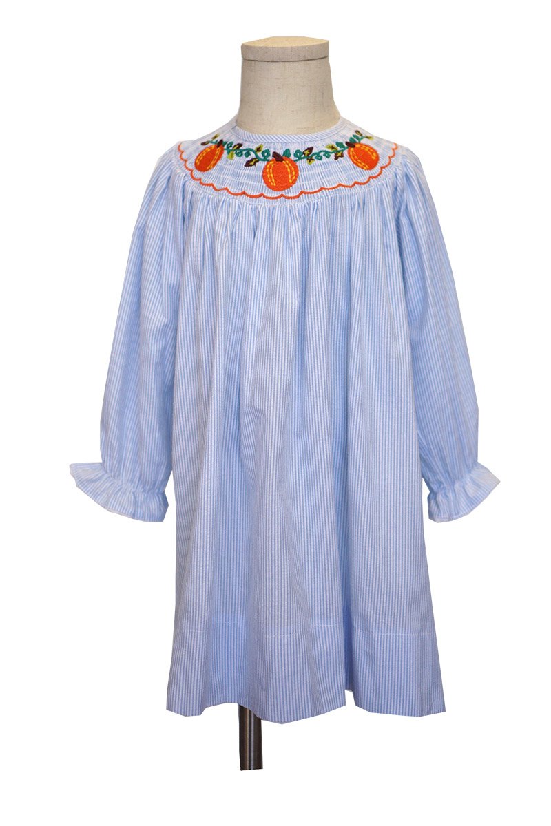 Blue Striped smocked Pumpkin bishop dress 620004
