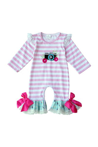 Pink stripe camera applique baby romper 809123