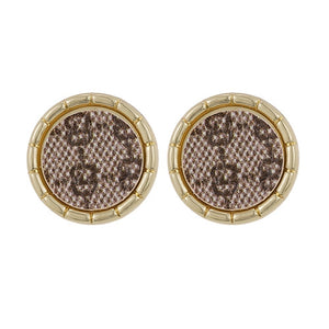 Light Brown Round Gold Beveled Edge Letter Earring